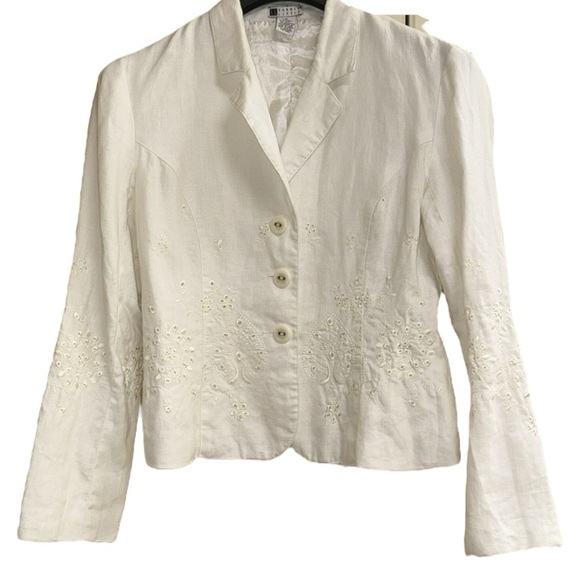 Carole Little White Linen Embroidered Pantsuit 90’s Wide Leg Tailored Fit Sz 6 - Picture 6 of 15